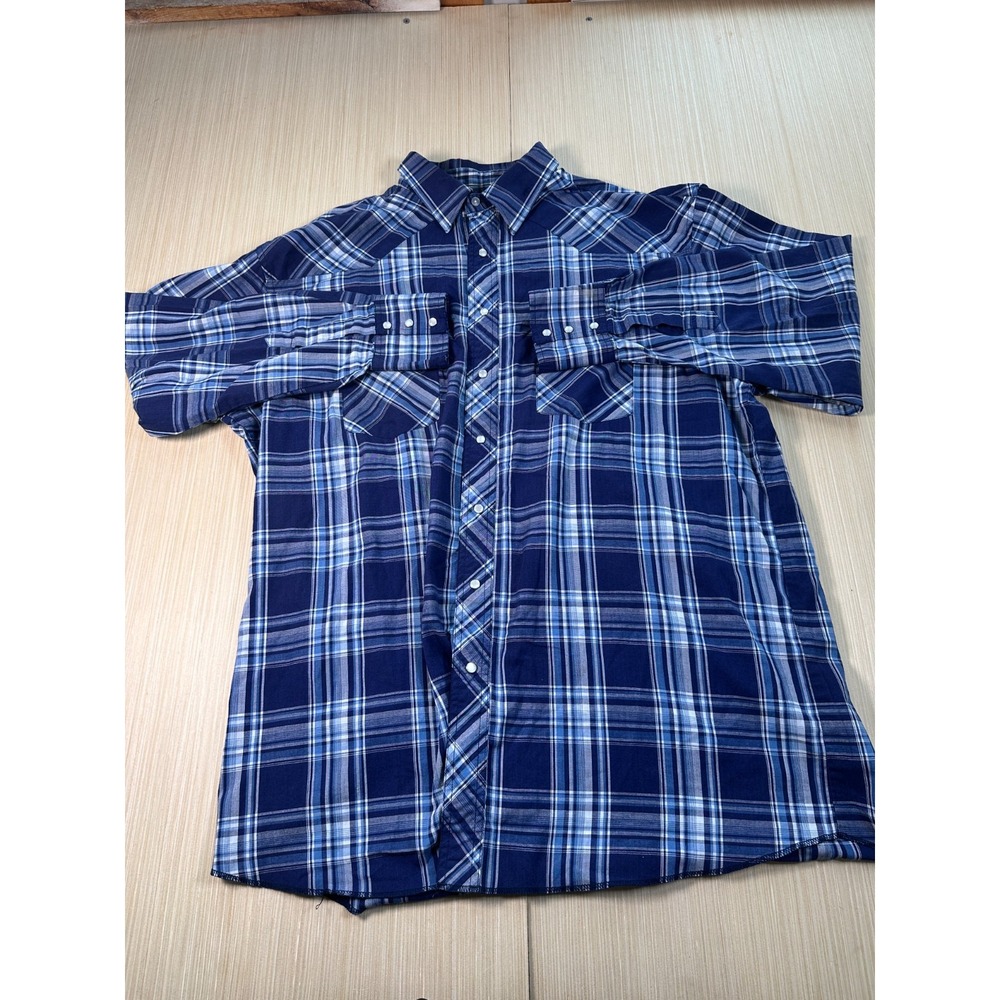 Wrangler Western Shirt Men's XL Blue Plaid Collared Pearl Snap Front Cowboy